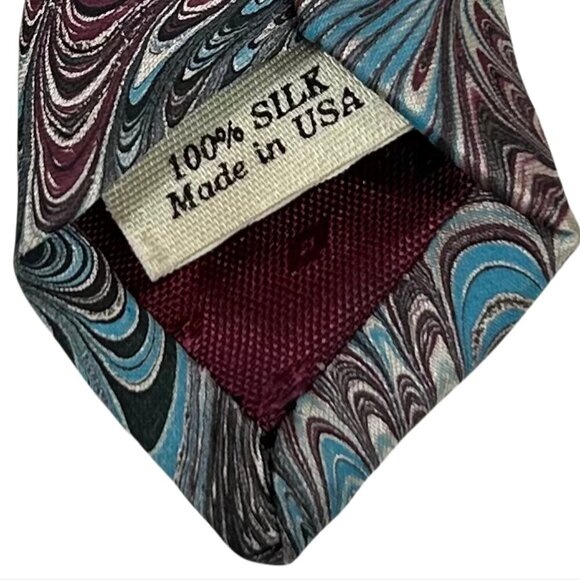 Marbled Masterpieces Men's Blue Marbled Hand Painted Silk Necktie Tie - Picture 6 of 8
